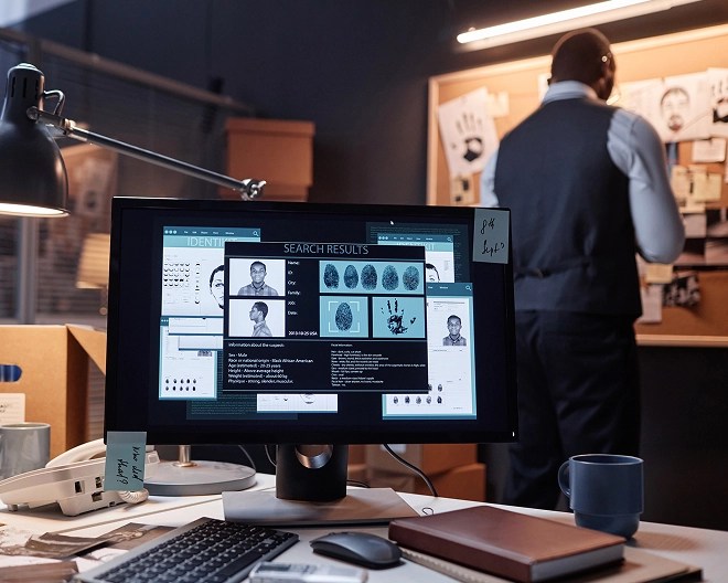 A detective’s desk setup with a computer displaying suspect search results, including fingerprint and DNA match data, alongside a bulletin board filled with case documents and photos.