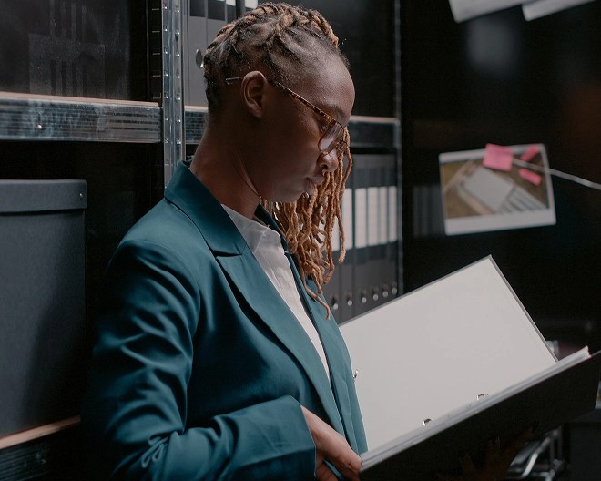 Person in a teal blazer reviews a binder in front of shelves filled with black folders, with a photo of a desk and sticky notes pinned to a nearby wall.