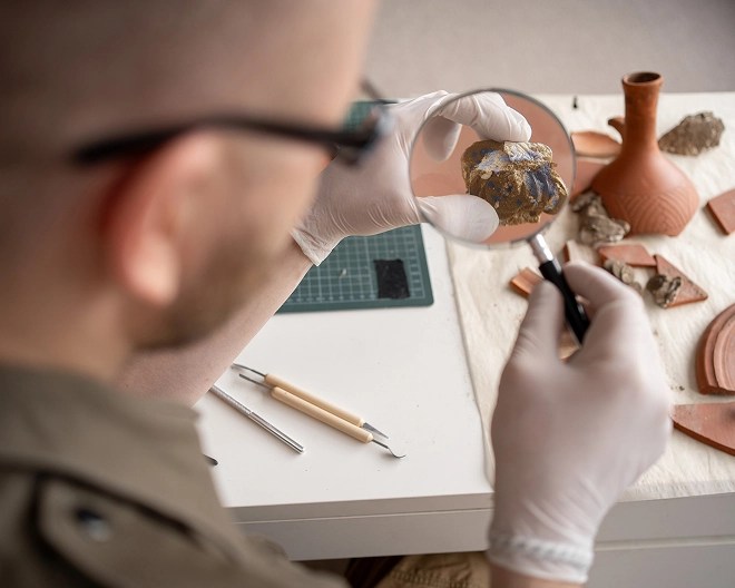 Conservator wearing white gloves uses a magnifying glass to inspect a small blue and gold artifact amid pottery shards and a complete vase on a worktable.