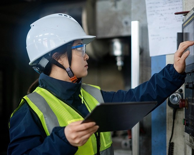 Industrial worker wearing a white hard hat and high-visibility vest uses a tablet while interacting with a machine's control panel, with handwritten notes attached to the equipment.