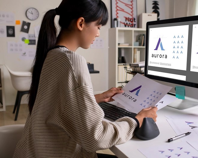 Graphic designer works on a logo rendering on a piece of paper and her desktop computer.