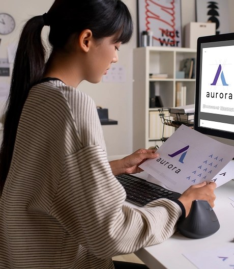 Graphic designer works on a logo rendering on a piece of paper and her desktop computer.