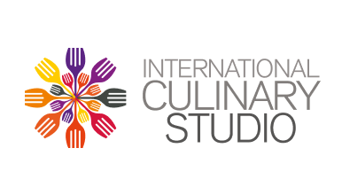 Logo for International Culinary Studio featuring a colourful radial design of kitchen utensils and bold uppercase text.