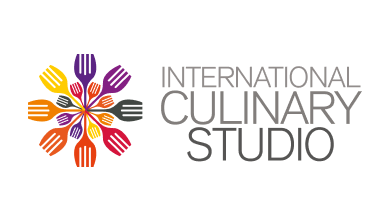 Logo for International Culinary Studio featuring a colourful radial design of kitchen utensils and bold uppercase text.