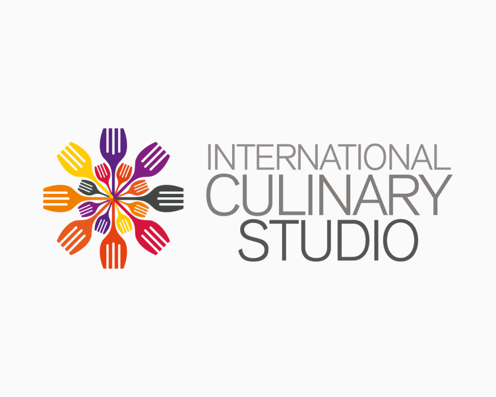 Logo for International Culinary Studio featuring a colourful radial design of kitchen utensils and bold uppercase text.