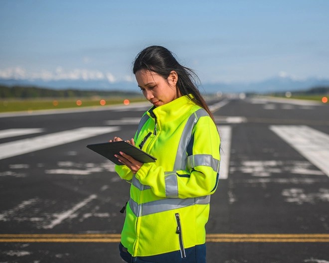 Aviation ground staff in a high-visibility jacket using a digital tablet on an airport runway.