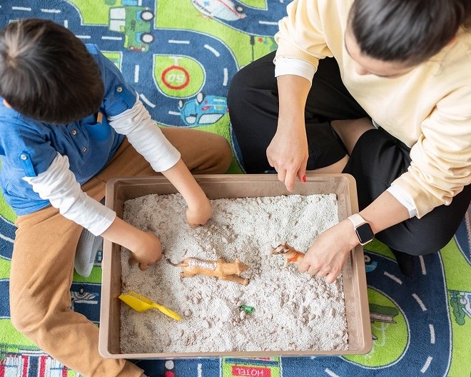 Child and adult psychologist engage in sand tray which has animals in the container on a colourful mat.