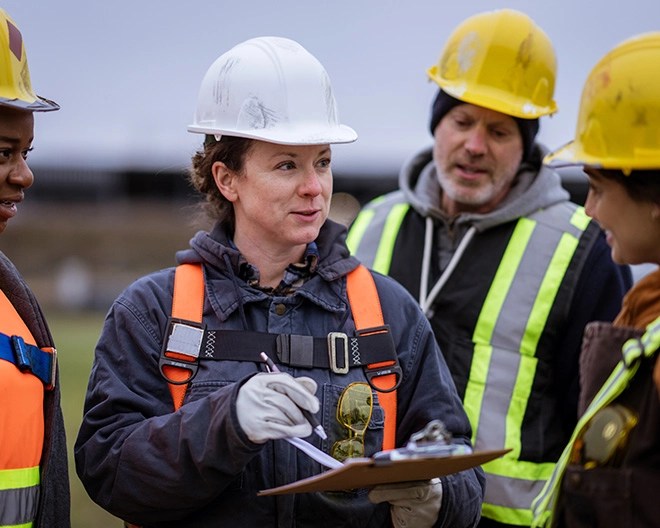Four construction workers in safety gear standing outdoors, with one holding a clipboard and speaking to the group.