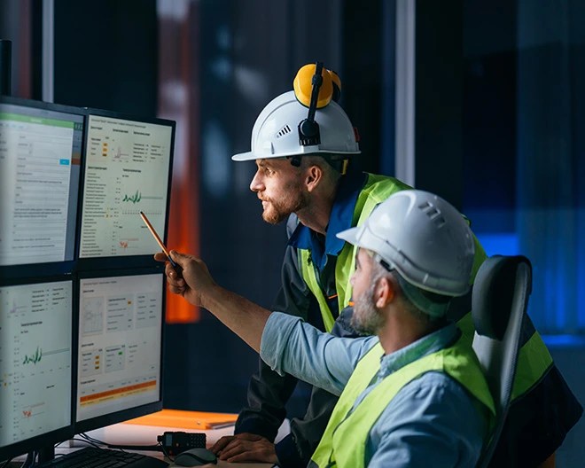 Two individuals in safety helmets and high-visibility vests working in a control room, focused on multiple computer monitors displaying charts and data.