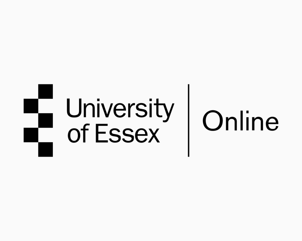 Logo for University of Essex Online featuring a black and white checkered emblem on the left, with the text “University of Essex” in bold black letters and “Online” separated by a vertical line.