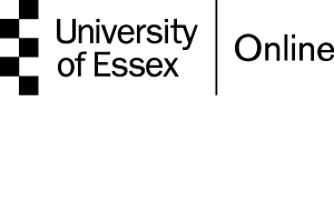 Logo for University of Essex Online featuring a black and white checkered emblem on the left, with the text “University of Essex” in bold black letters and “Online” separated by a vertical line.