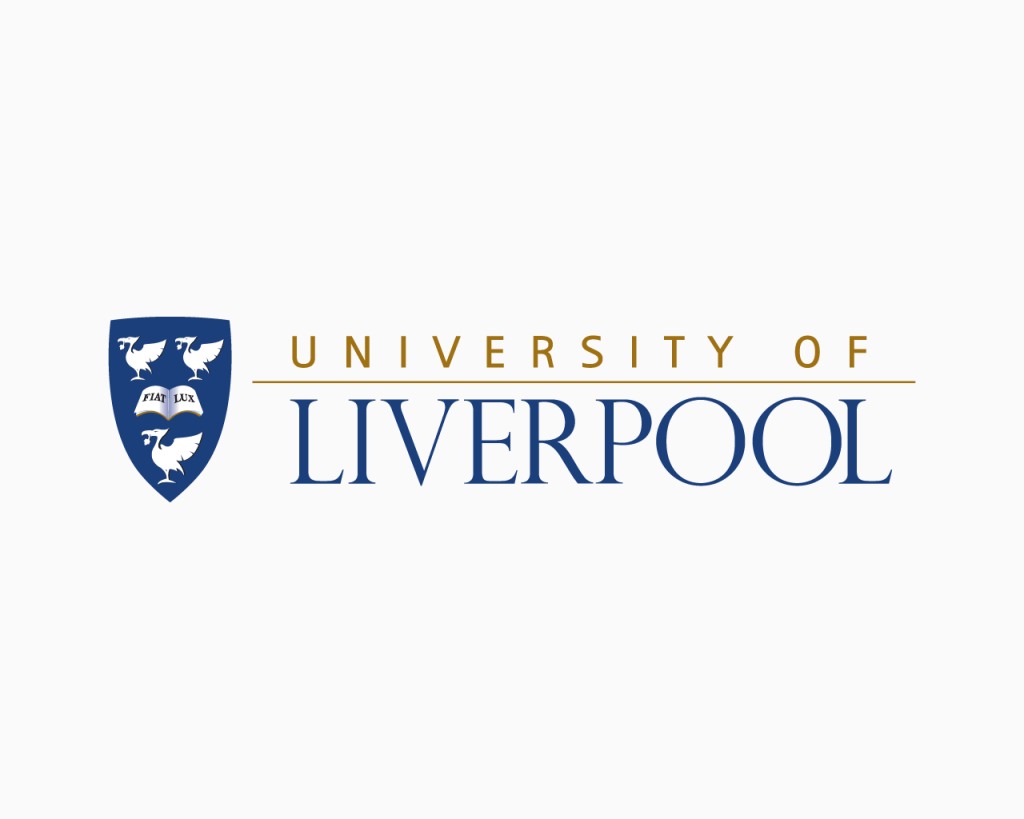 Logo for University of Liverpool showing a shield with three birds and the Latin phrase “HAEC SUNT,” next to the text “UNIVERSITY OF” in gold and “LIVERPOOL” in blue uppercase letters.
