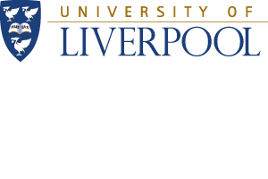 Logo for University of Liverpool showing a shield with three birds and the Latin phrase “HAEC SUNT,” next to the text “UNIVERSITY OF” in gold and “LIVERPOOL” in blue uppercase letters.
