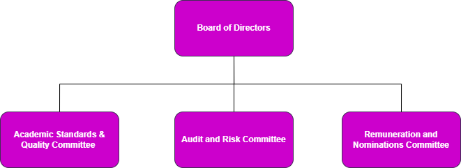 A chart showing FutureLearn’s Board Structure, where the Board of Directors leads to three committees, the Academic Standards & Quality Committee, the Audit and Risk Committee and the Remuneration and Nominations Committee.