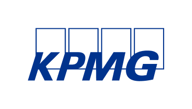 Logo of KPMG with the company name in bold blue uppercase letters on a white background, displayed over four white rectangles outlined in blue.