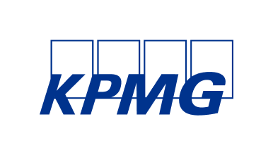 Logo of KPMG with the company name in bold blue uppercase letters on a white background, displayed over four white rectangles outlined in blue.