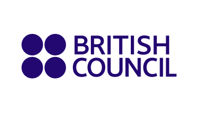 Logo of the British Council featuring the organisation name in navy blue capital letters to the right of a set of four navy blue circles of equal size, two at the top and two at the bottom.