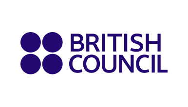 Logo of the British Council featuring the organisation name in navy blue capital letters to the right of a set of four navy blue circles of equal size, two at the top and two at the bottom.