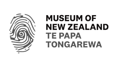 Logo of Museum of New Zealand Te Papa Tongarewa featuring the organisation name in black capital letters beside a fingerprint in black.