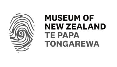 Logo of Museum of New Zealand Te Papa Tongarewa featuring the organisation name in black capital letters beside a fingerprint in black.