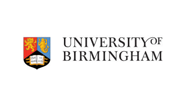 University of Birmingham logo displaying a traditional red, gold, and blue heraldic crest beside a black serif wordmark.