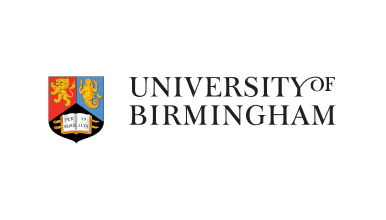 University of Birmingham logo displaying a traditional red, gold, and blue heraldic crest beside a black serif wordmark.
