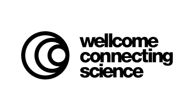 Logo of Wellcome Connecting Science featuring the organisation name in black sans serif lowercase letters beside overlapping geometric circles.