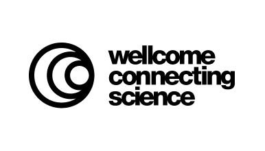 Logo of Wellcome Connecting Science featuring the organisation name in black sans serif lowercase letters beside overlapping geometric circles.