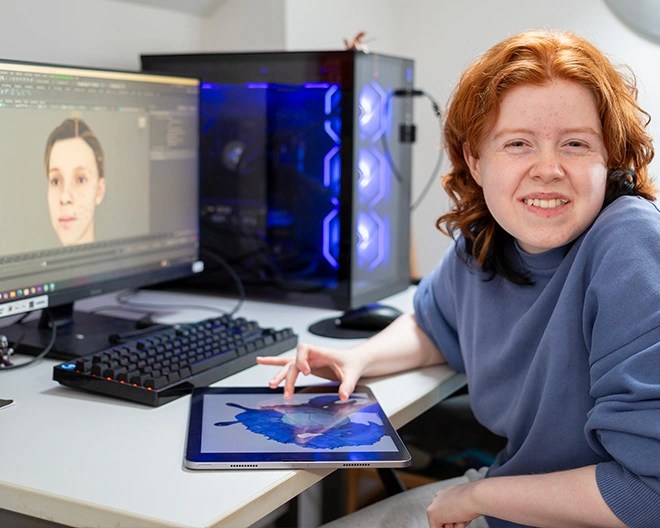 Student facing screen with illustration smiling